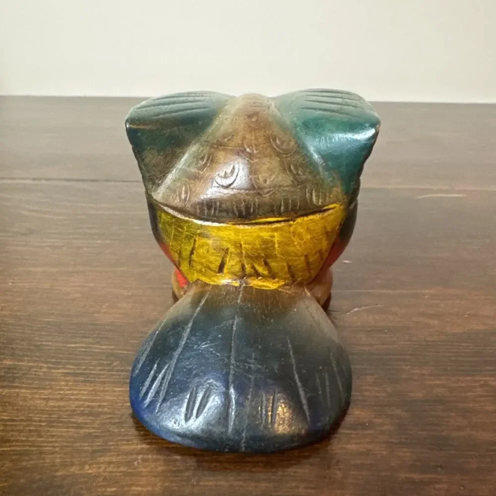 Vintage Wooden Owl Figurine Hand Carved Artisan Wood Bird Colorful Folk Art